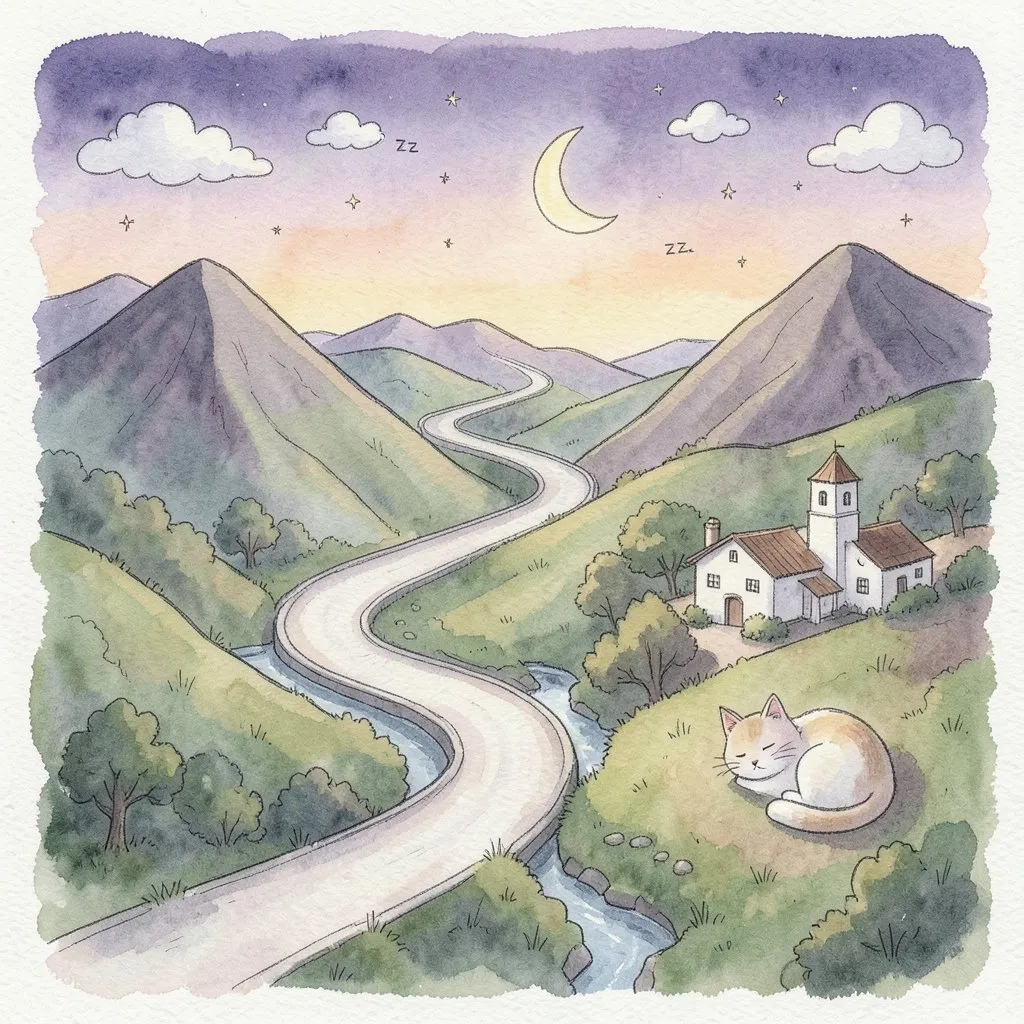 Una carretera serpentea por el valle junto al río y, al llegar al pueblo, hay un gatito dormido bajo la luna.