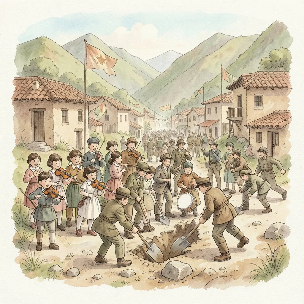 Escolares, músicos con violines y tambor, militares y trabajadores con picos empiezan a abrir una carretera en la montaña.