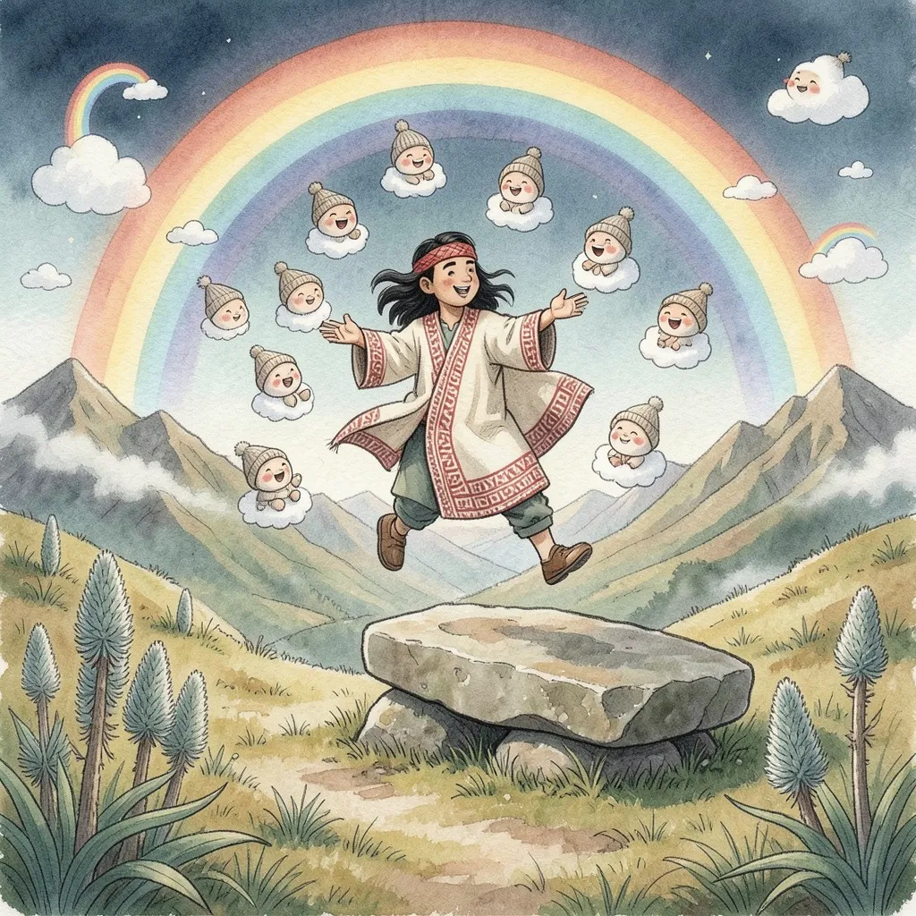 Bajo un gran arco iris, junto a la Piedra Sagrada del páramo, el joven cacique Muscaguaní se eleva feliz entre muchos Mucujoes en sus nubecitas.