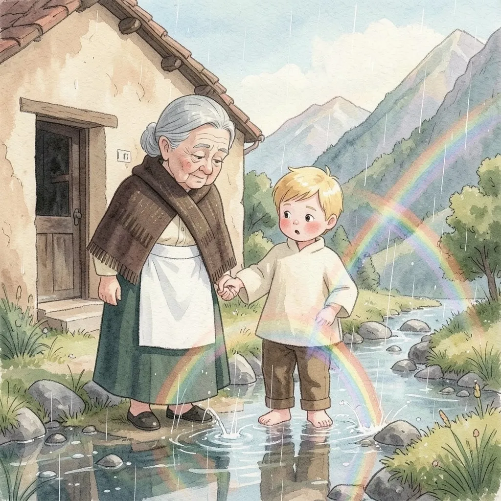 Después de la lluvia, Mamá Chica y el niño, tomados de la mano, miran cómo unos arco iris bajan a tocar el agua de una quebrada.