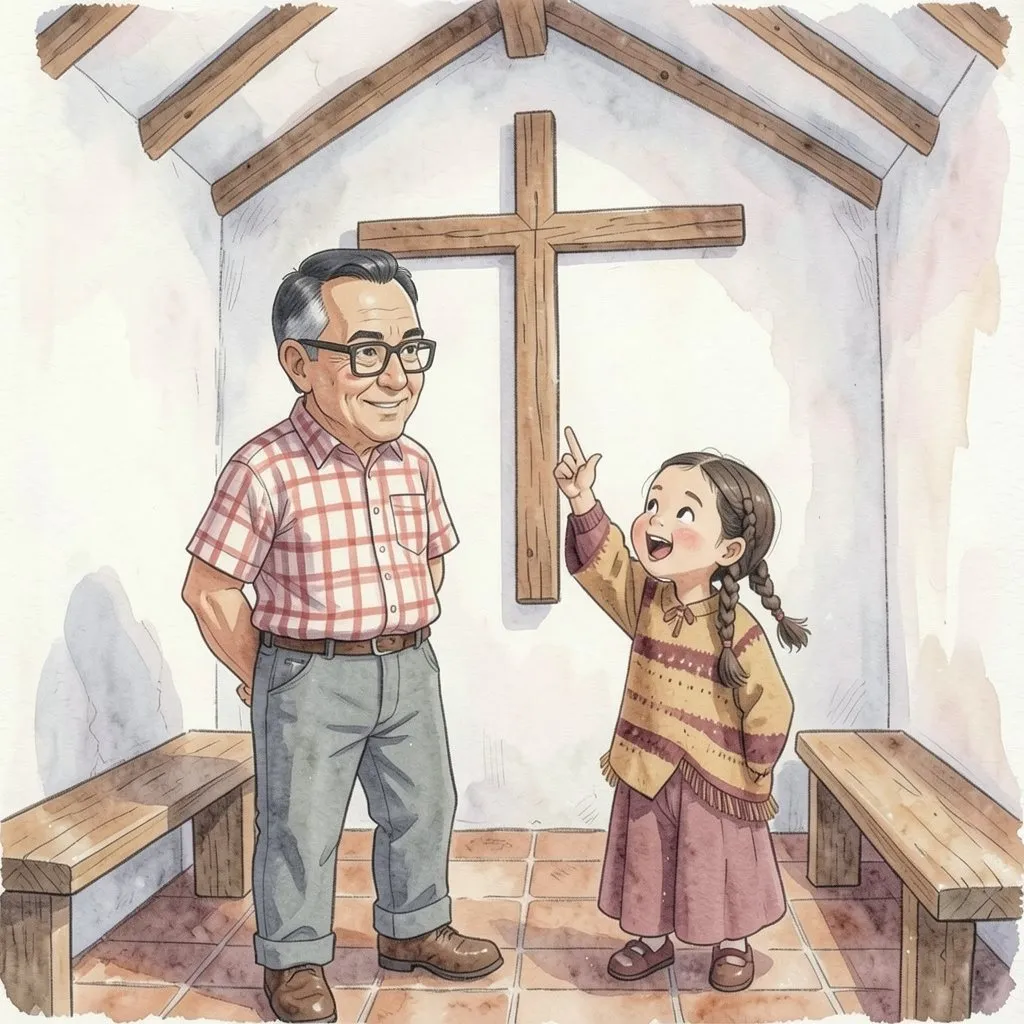 Dentro de una capilla sencilla, Lucía se ríe y señala una cruz de madera muy grande; el abuelo sonríe.