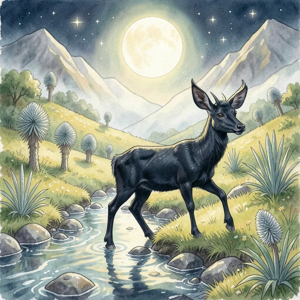 De noche, bajo la luna, un venado negro camina entre manantiales y rocas mojadas.