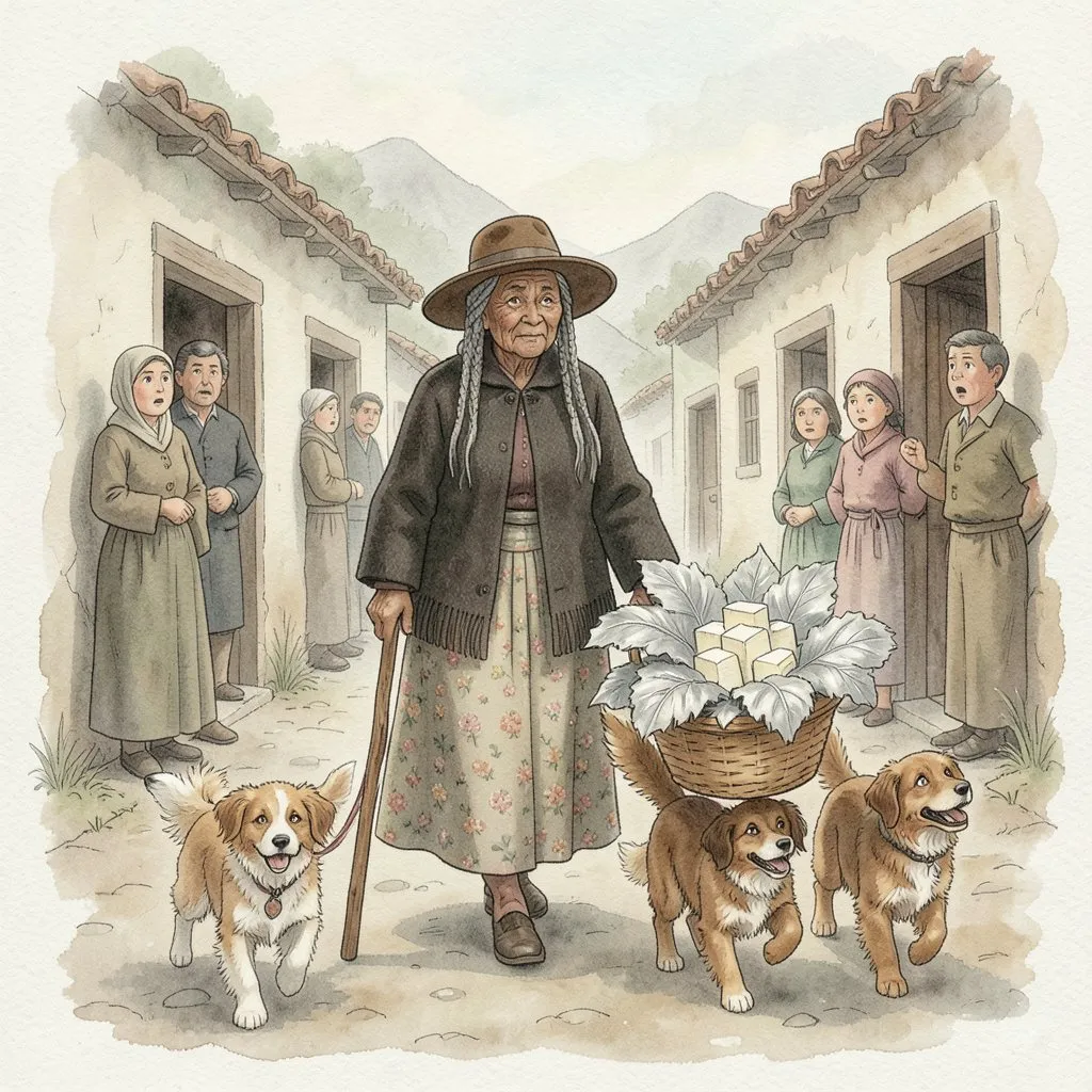 La Laca entra al pueblo con sus perros y una cesta de quesos envueltos en hojas plateadas; los vecinos la miran desde las puertas.