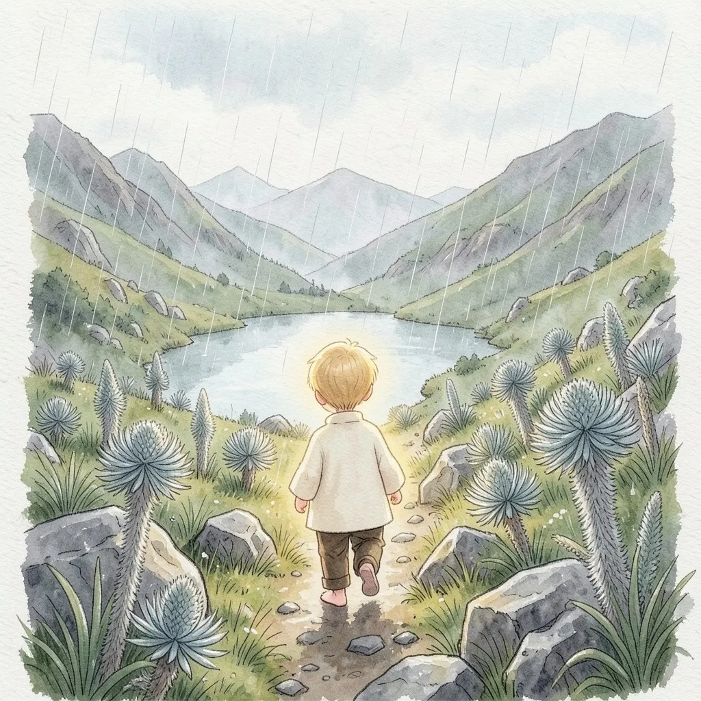 Bajo la lluvia, el niño sube solo por el páramo, entre piedras y frailejones, hacia una laguna entre la neblina.
