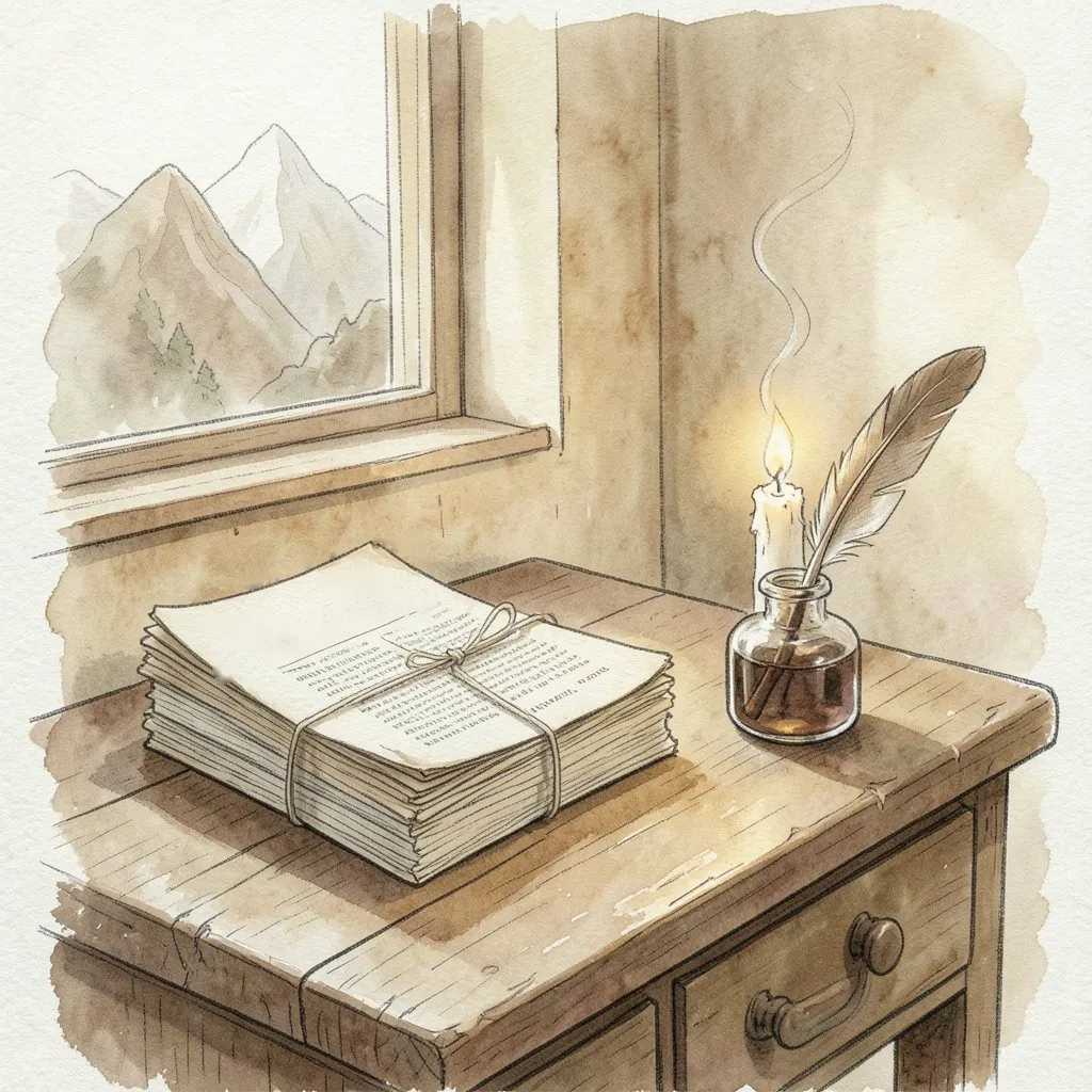 Cuatro periódicos viejos atados con un cordel sobre un escritorio, junto a un tintero con pluma y una vela recién apagada.