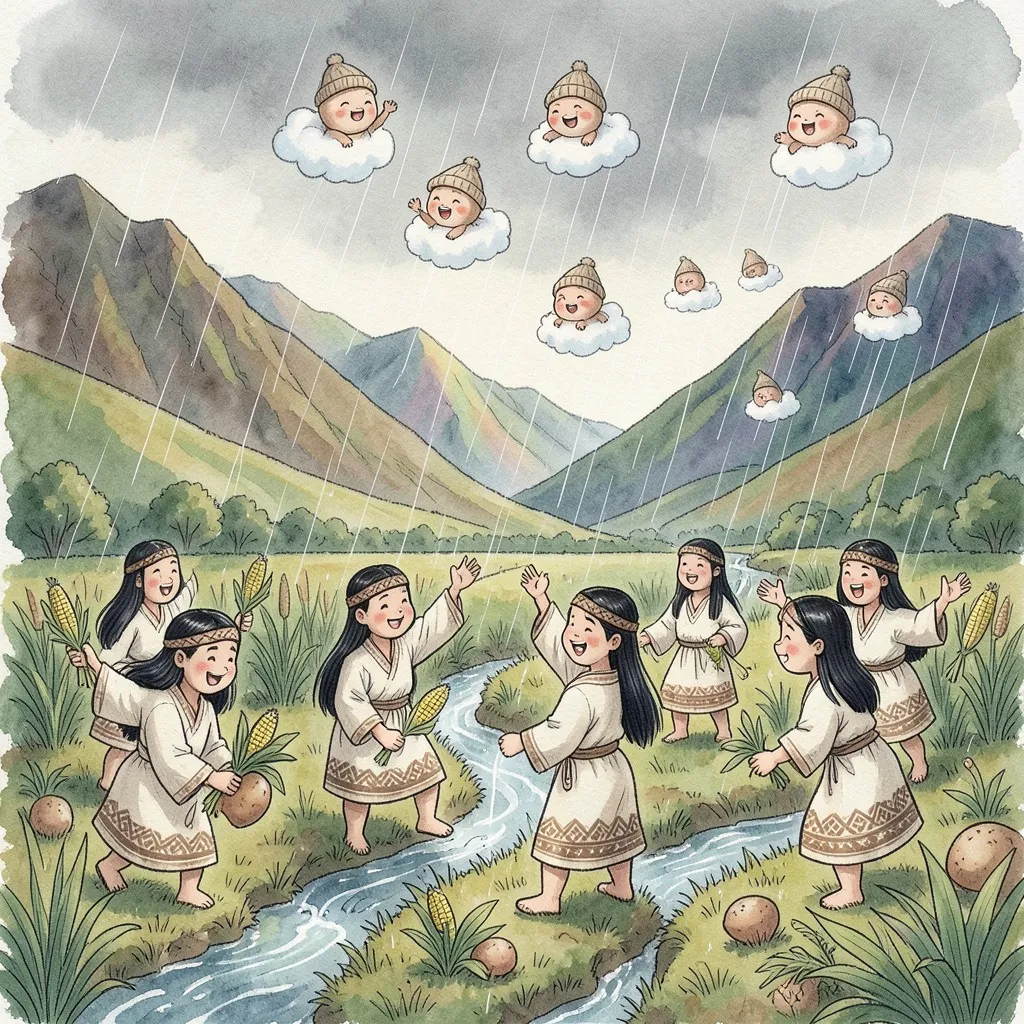 Llueve sobre los campos verdes; corre un manantial y los timotes celebran la cosecha de maíz y papa, mientras los Mucujoes juegan en el cielo.