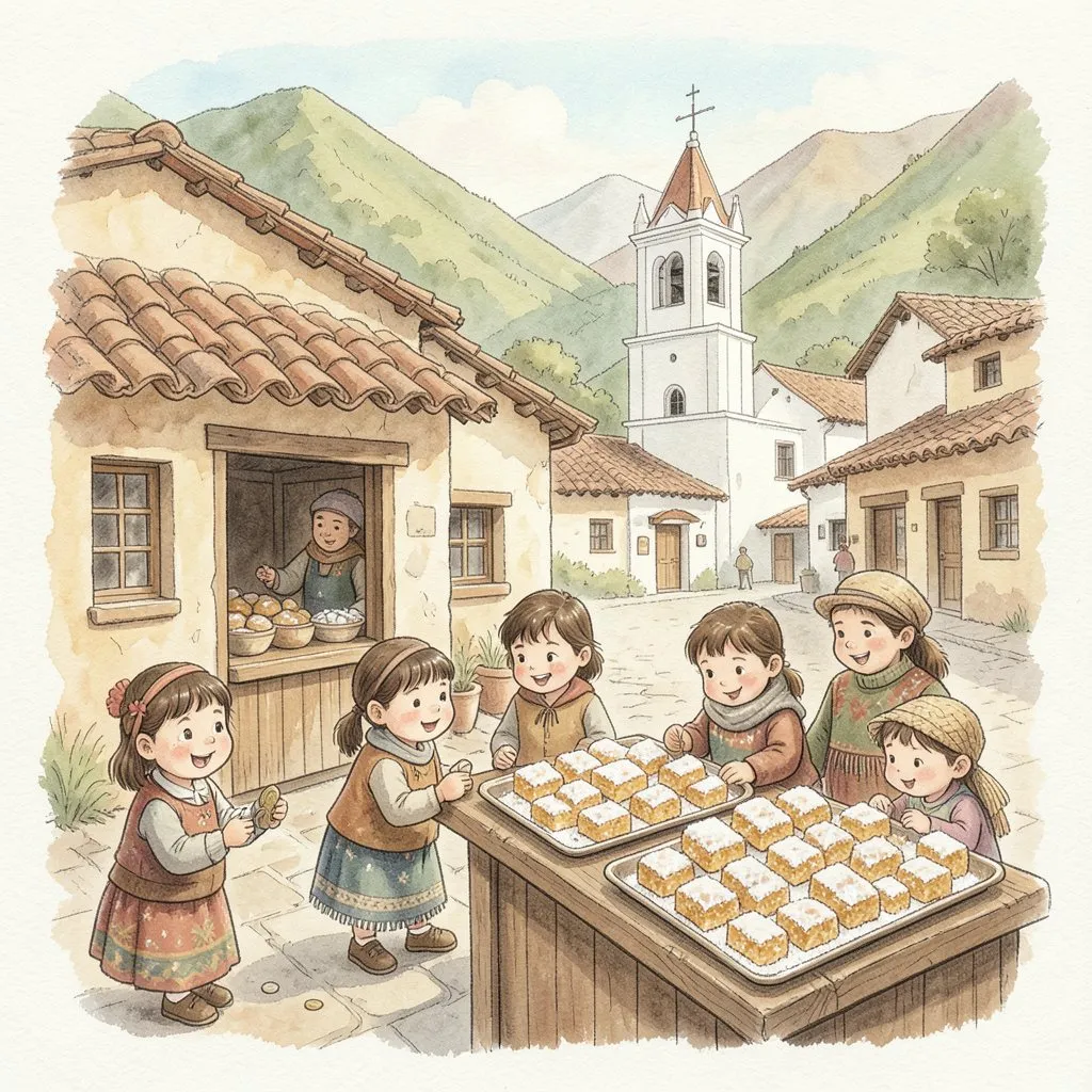 Niños compran tabletas de cidra en bandejas, frente a una bodega antigua junto a la plaza con la torre de la iglesia.