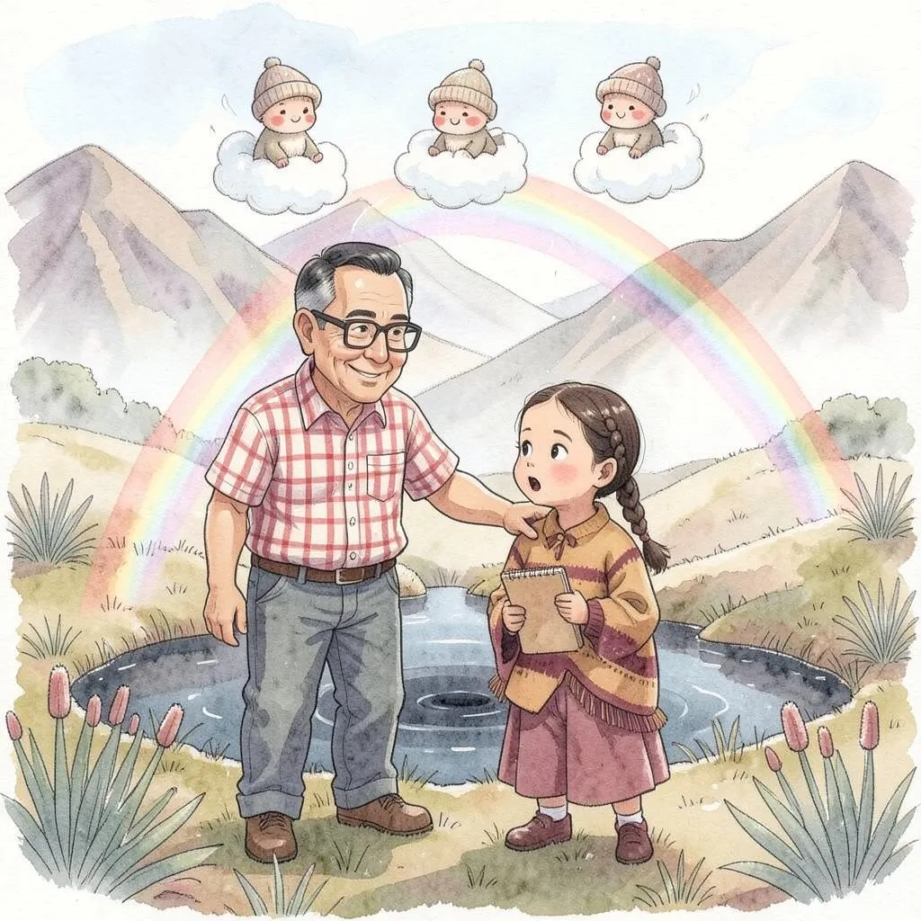 Un arco iris toca el agua de la laguna; Lucía lo mira asombrada junto a su abuelo y los Mucujoes.