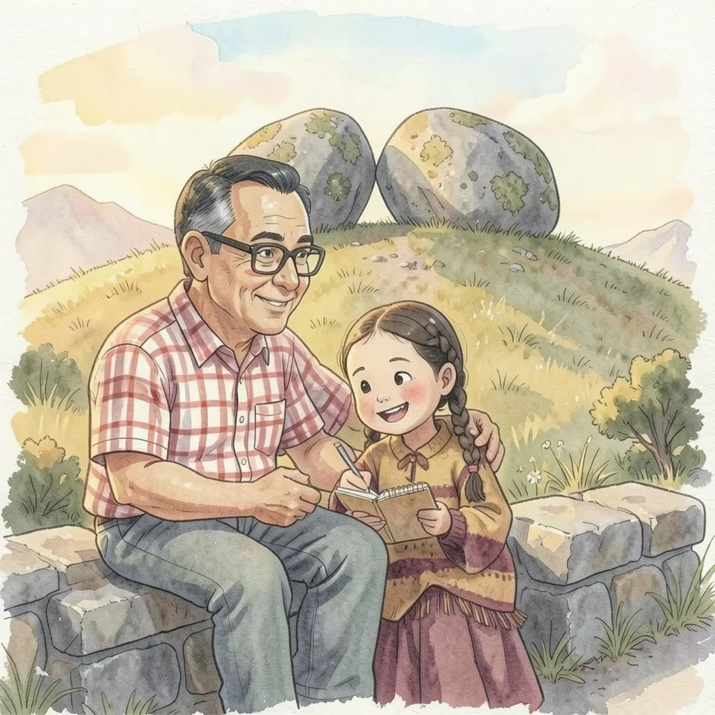 Lucía escribe en su libreta junto a su abuelo; detrás, en lo alto de la loma, dos piedras redondas se tocan como si se dieran un beso.