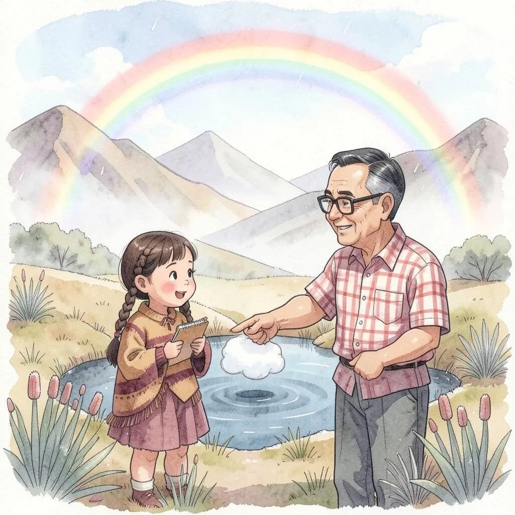 Ya no llueve: un arco iris se levanta sobre una laguna del páramo; Lucía sonríe con su libreta y el abuelo señala la laguna.