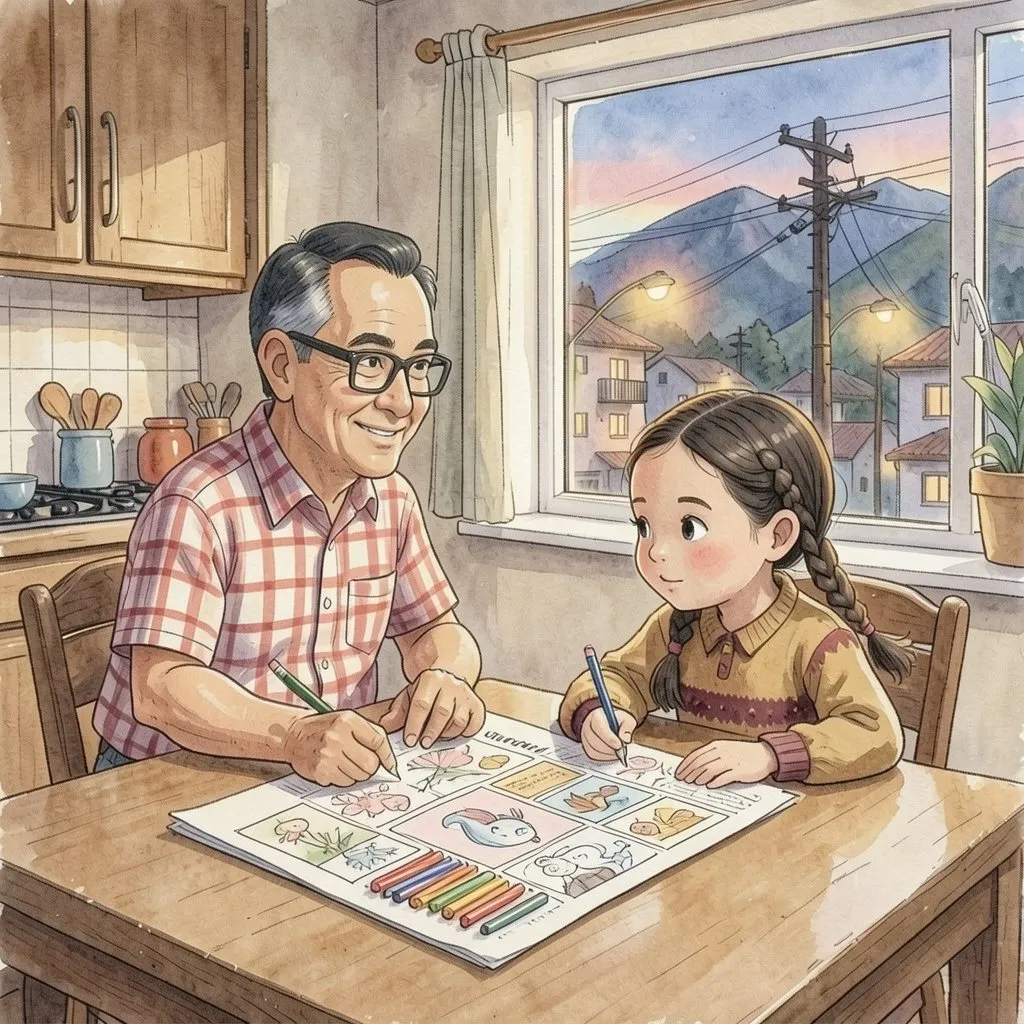 En la cocina, Lucía dibuja su propio periódico con lápices de colores mientras su abuelo la mira orgulloso.