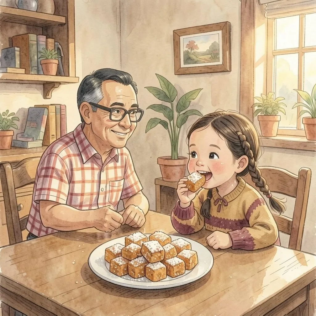 En la mesa de la casa, Lucía muerde una tableta de cidra y su abuelo se ríe feliz.