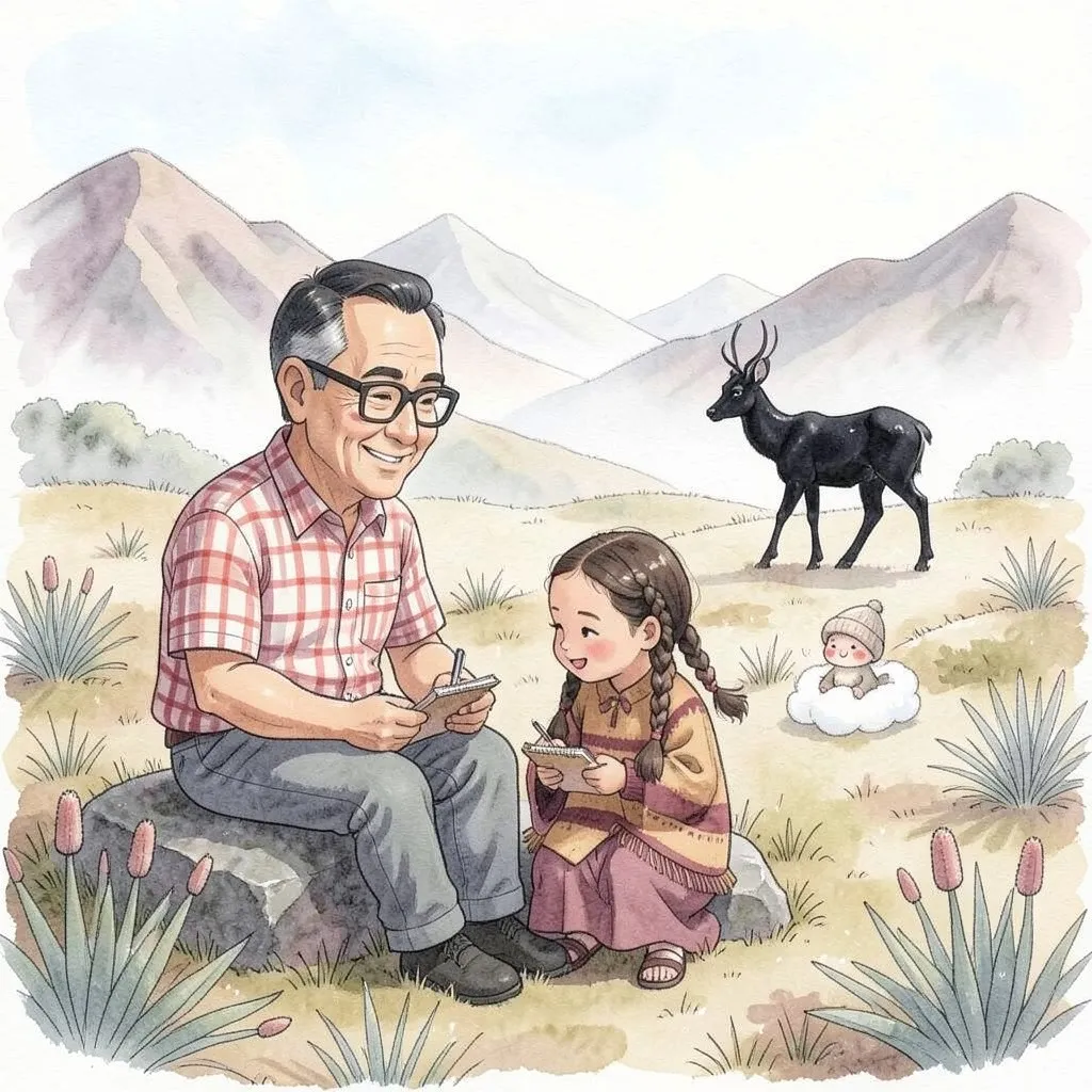 Lucía escribe en su libreta sentada en una roca, junto al abuelo; a lo lejos, entre la neblina, se aleja el venado negro.
