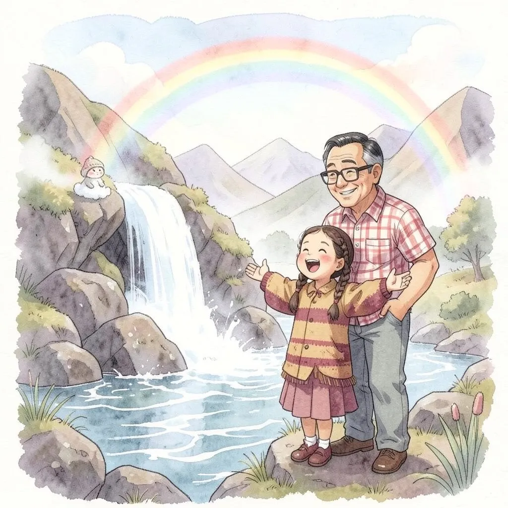 Lucía ríe con los brazos abiertos junto a una cascada blanca que cae al río; el abuelo sonríe y un Mucujoe los mira.