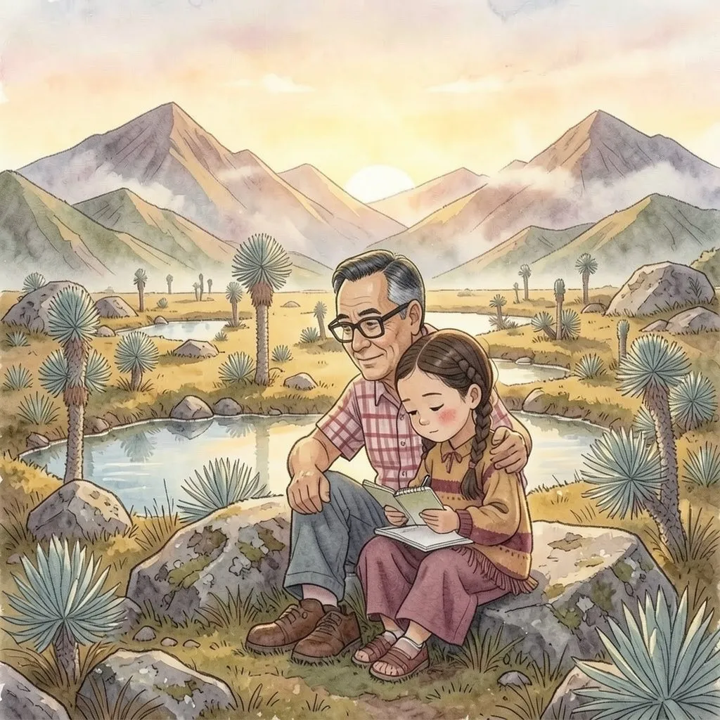 Al atardecer, Lucía escribe en su libreta sentada en una roca del páramo, abrazada por su abuelo.
