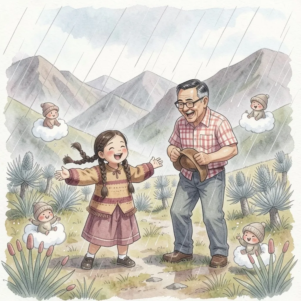 En el páramo, la lluvia con viento barre la serranía; Lucía ríe con los brazos abiertos, el abuelo se sujeta el sombrero y los Mucujoes juegan a su alrededor.