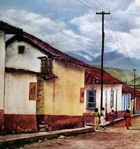 Casas de tejado rojo de la vieja Timotes, en pintura.