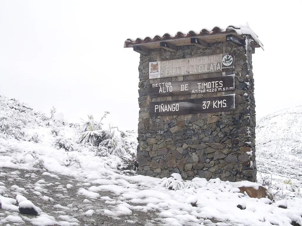 Mojón del Parque Nacional Sierra de La Culata en el sector Alto de Timotes, a 4.220 m s. n. m. y a 37 km de Piñango, con los frailejones cubiertos de nieve.