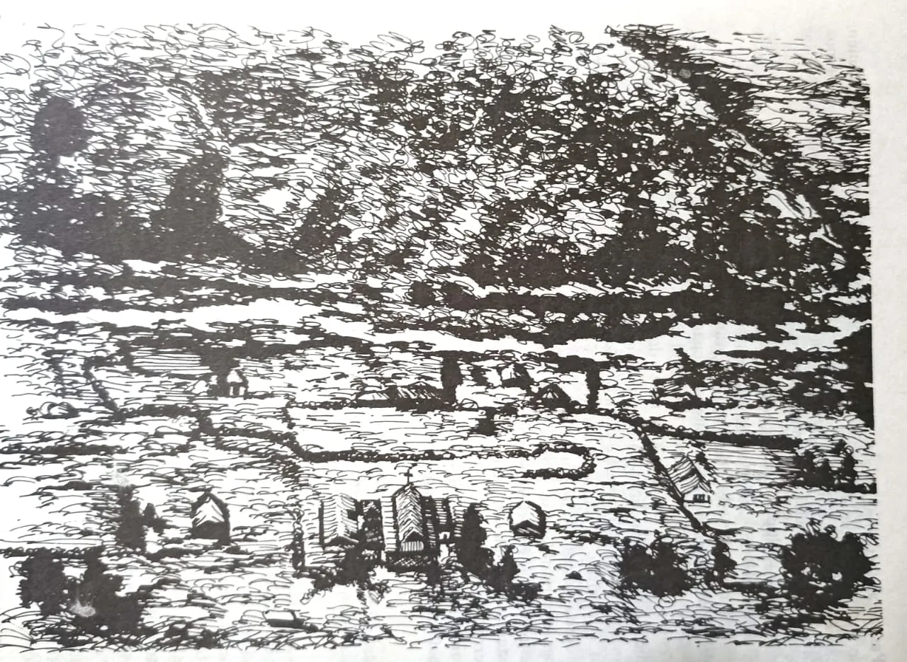 Dibujo a tinta, hecho de trazos ensortijados, de un caserío entre árboles.