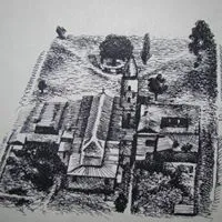 Dibujo a tinta del pueblo visto desde lo alto, con el templo en el centro. La imagen llegó en tamaño muy pequeño; conviene pedir el original.
