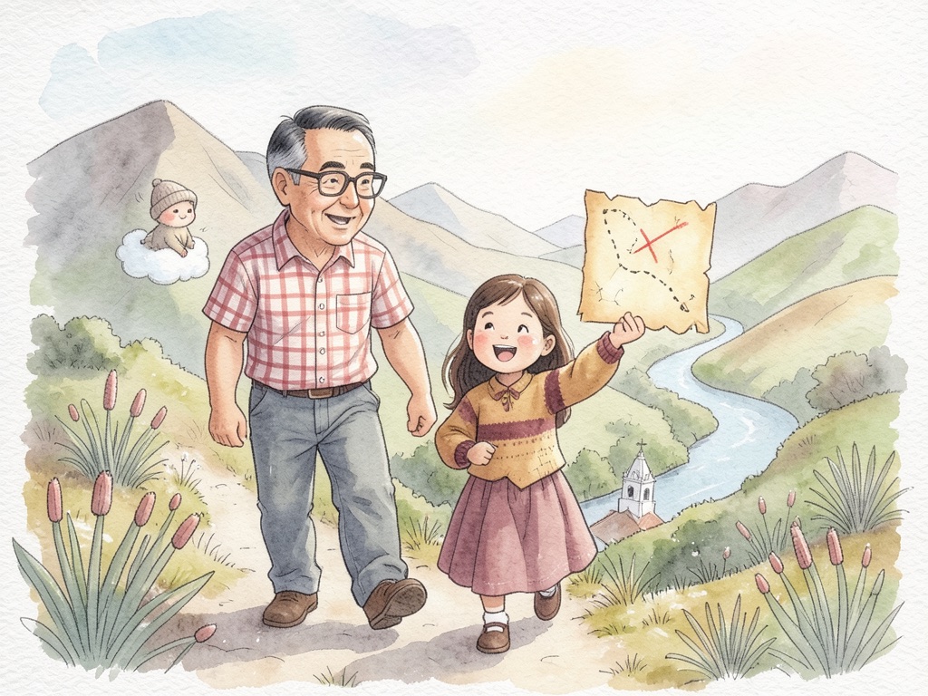 Lucía levanta un mapa viejo del tesoro junto al abuelo, en un camino del páramo; abajo, el pueblo de Timotes.